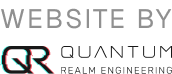 Text displaying "Website by QR Quantum Realm Engineering" in a stylized font, with a prominent red and teal logo of the letters 'QR'.