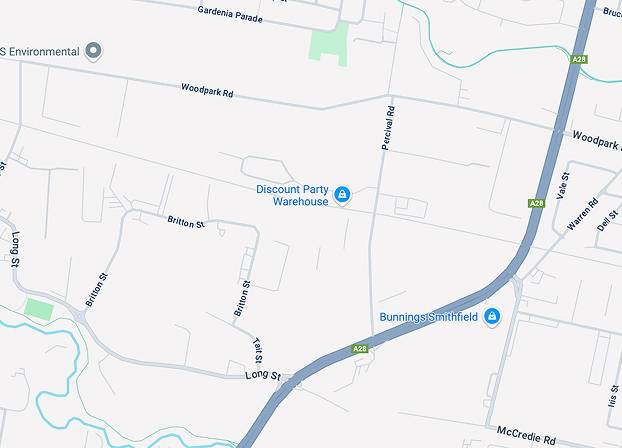 A map showing streets and landmarks in a suburban area, including Discount Party Warehouse and Bunnings Smithfield, with major roads labeled as A21 and A28.