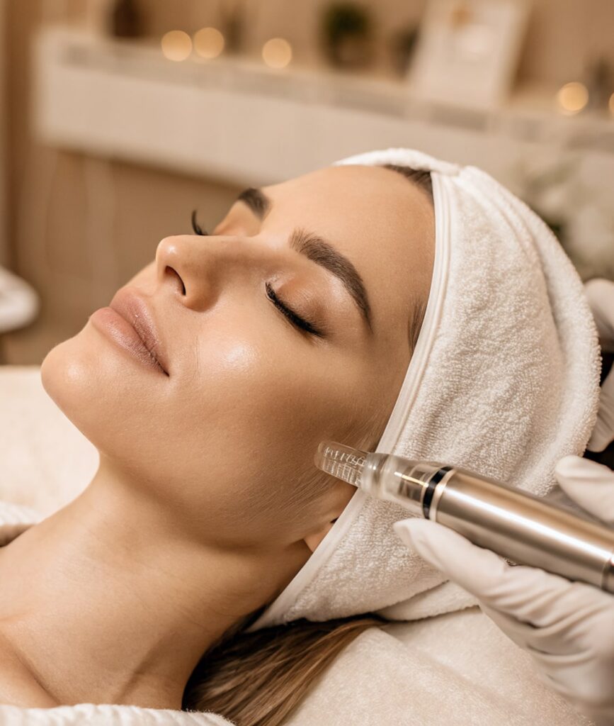 A woman receiving a facial treatment in a spa setting, with closed eyes and a serene expression. She is wearing a white headband, and a skincare professional is using a handheld device on her cheek.